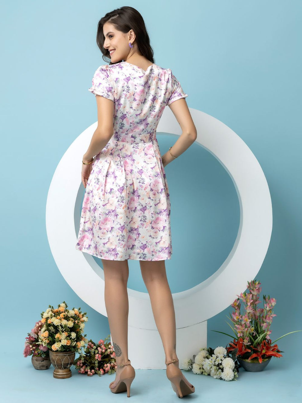 Floral Print Satin Mini Dress with Puff Sleeves Beatnik India
