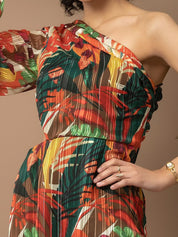 Tropical Print High-Low One Shoulder Maxi Dress in Lurex Satin Beatnik
