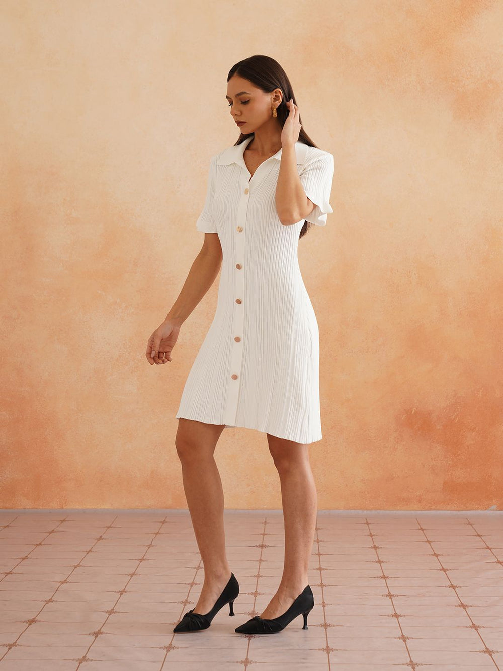 White Bodycon Lapel Collar Dress
