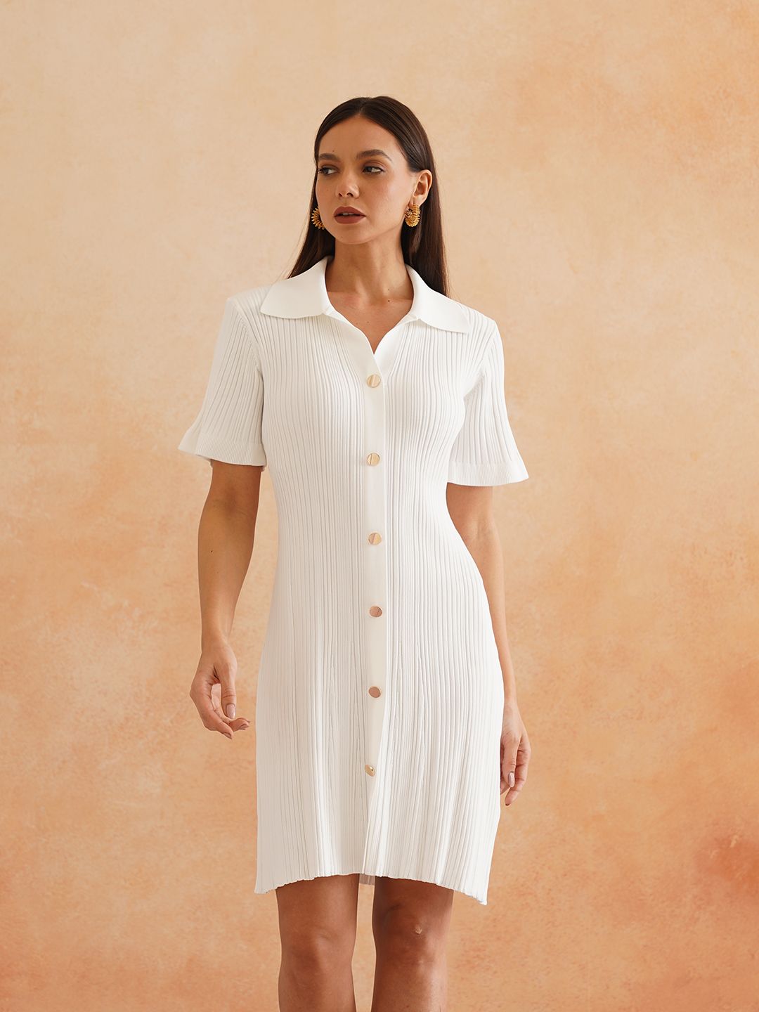 White Bodycon Lapel Collar Dress Beatnik