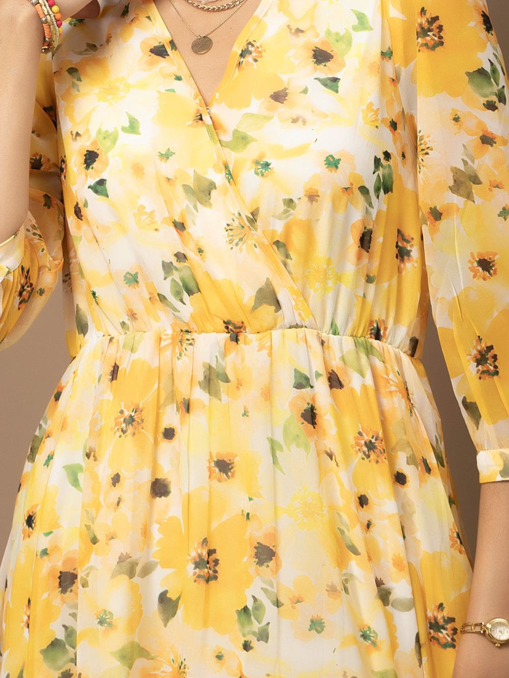 Charming A-Line Floral Print Yellow Dress with V neck Beatnik