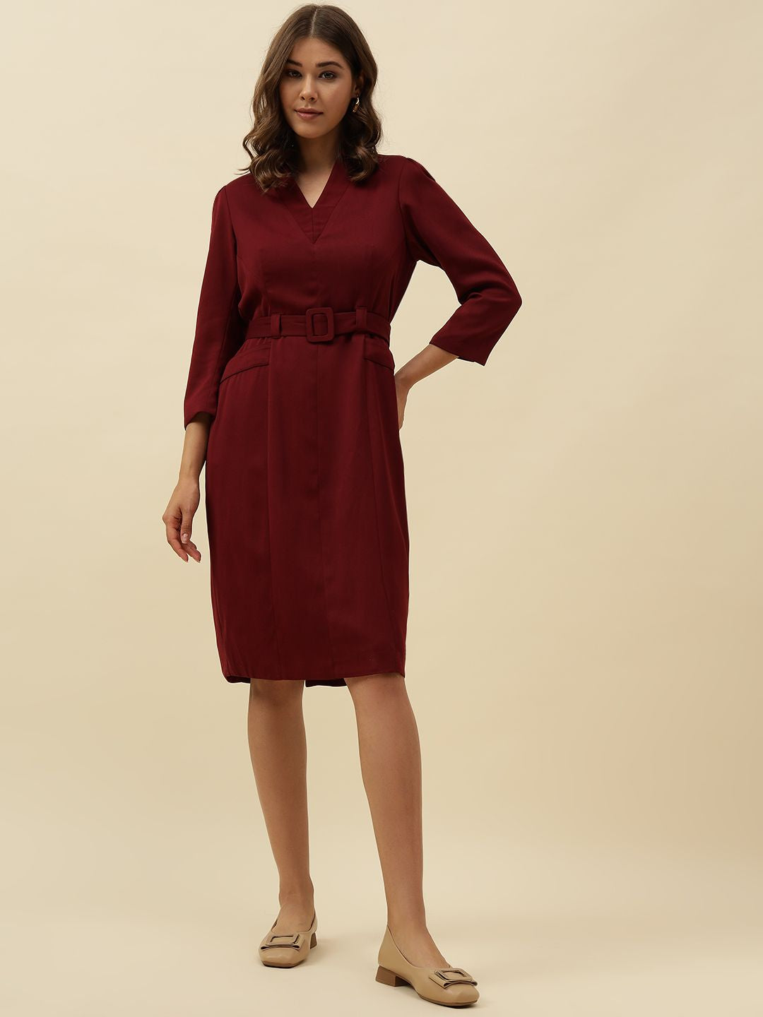 Maroon Bodycon Notched Lapel Dress Beatnik