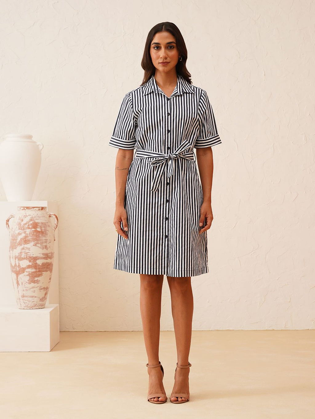 Effortless Style White and Navy Striped Shirt Dress Beatnik