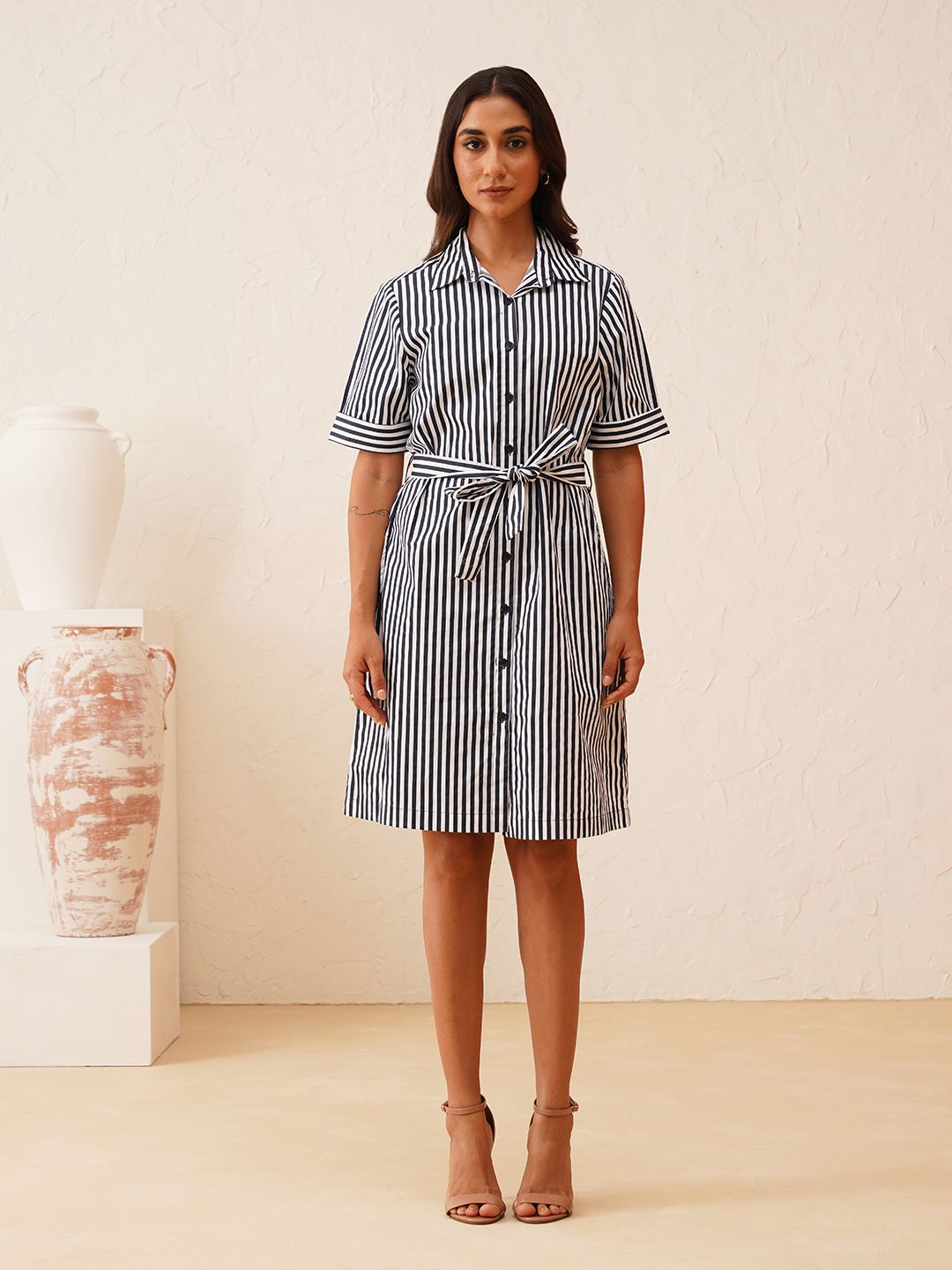 Effortless Style White and Navy Striped Shirt Dress Beatnik
