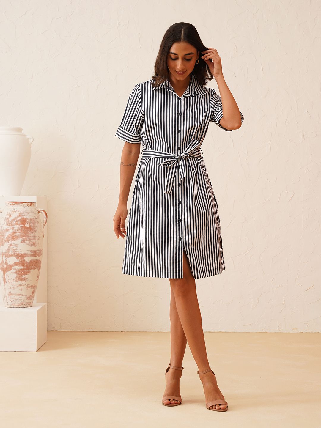 Effortless Style White and Navy Striped Shirt Dress Beatnik