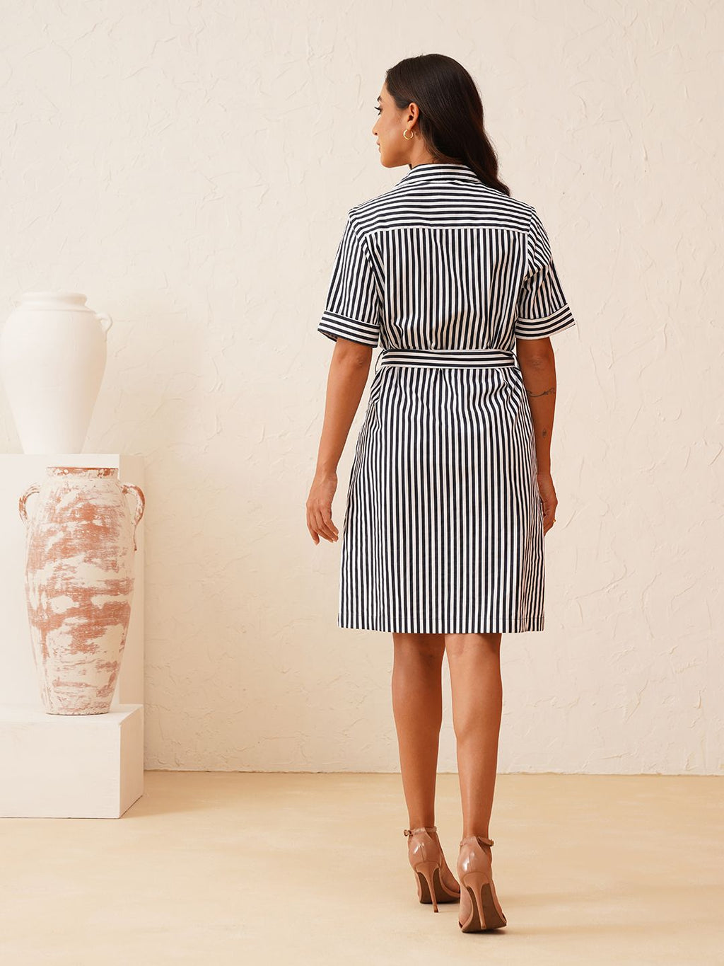 Effortless Style White and Navy Striped Shirt Dress Beatnik