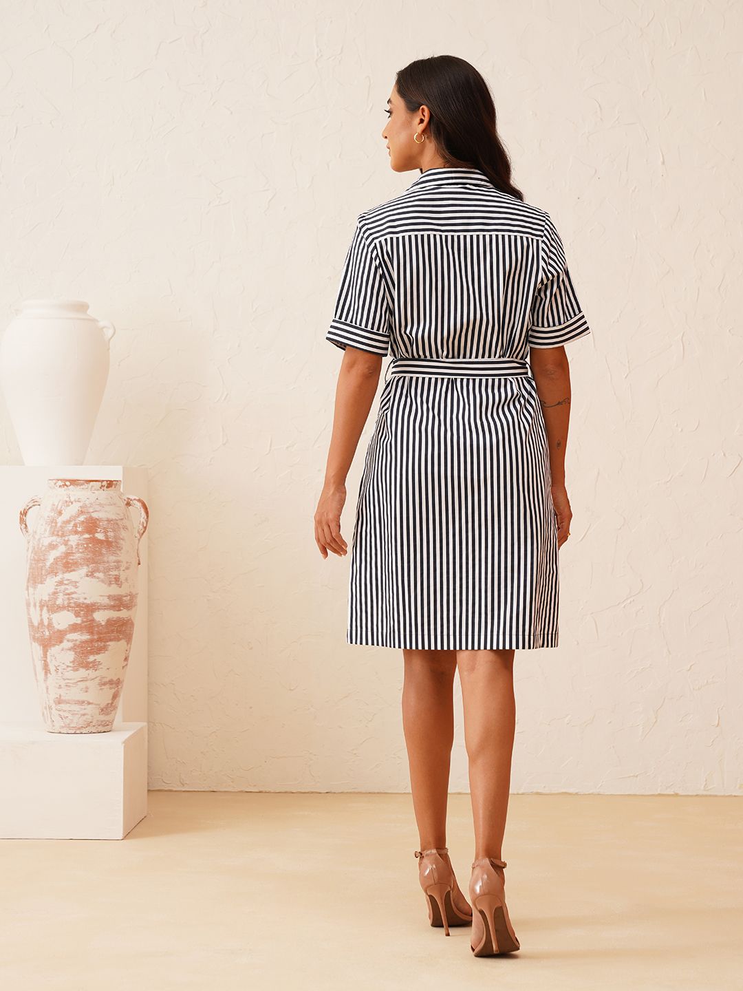 Effortless Style White and Navy Striped Shirt Dress Beatnik