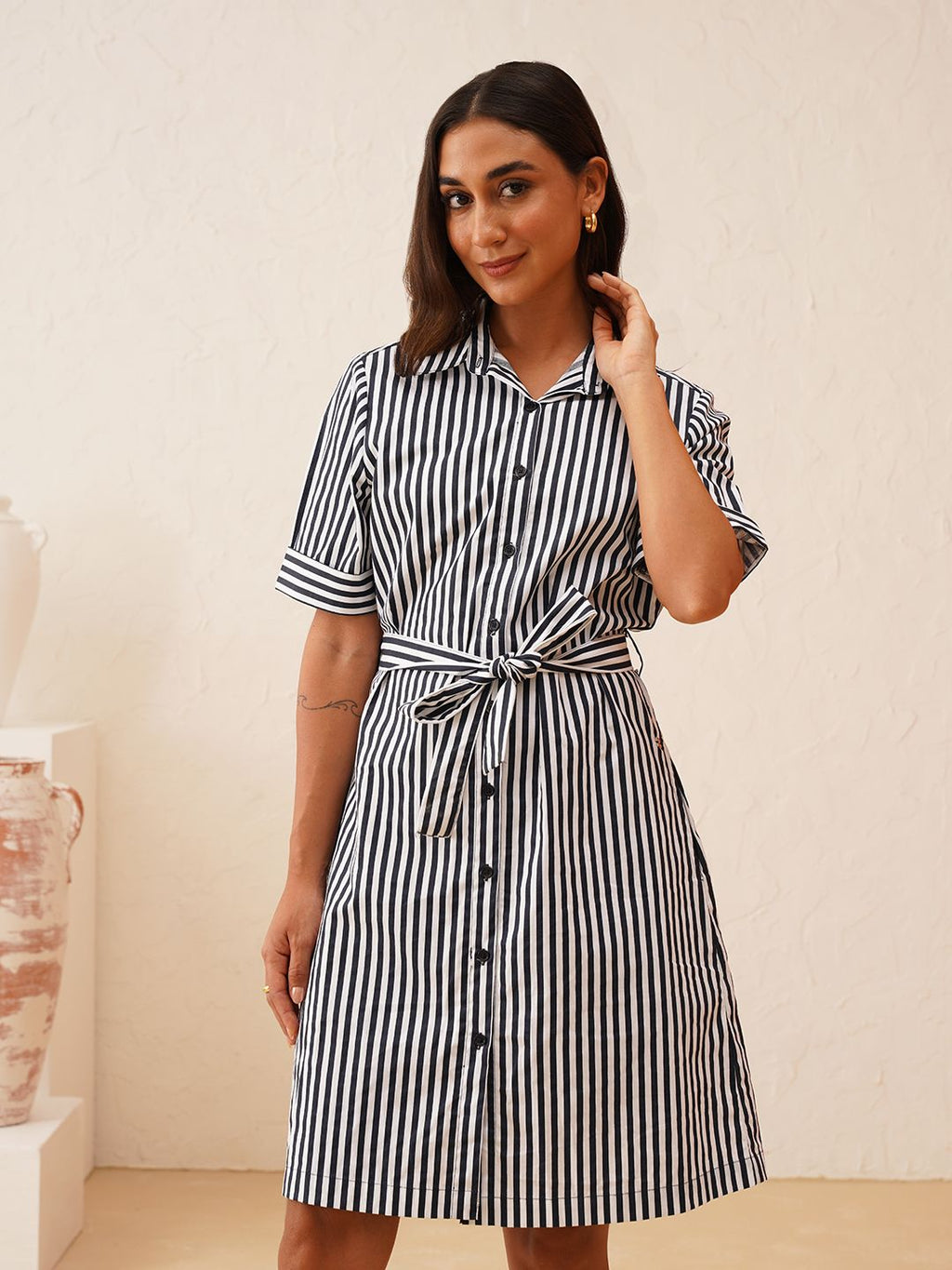 Effortless Style White and Navy Striped Shirt Dress Beatnik