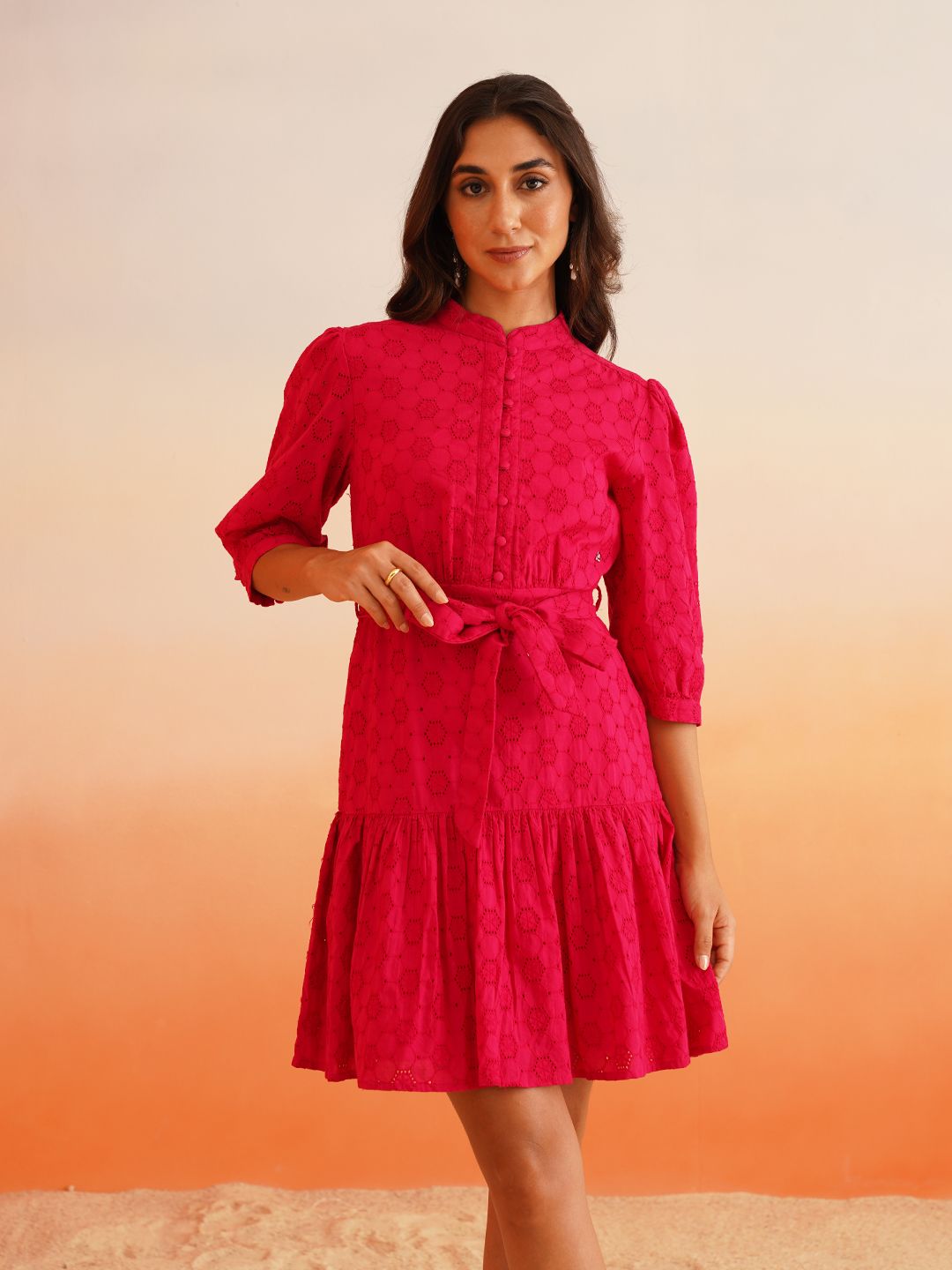 Fuchsia Peasant Womens Schiffli Dresses Beatnik