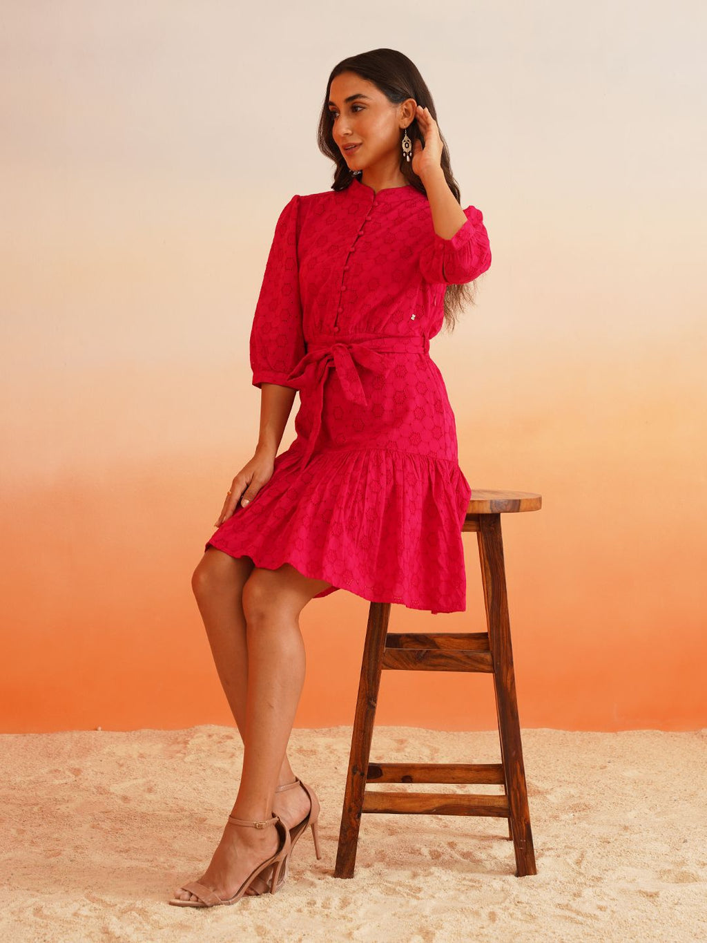 Fuchsia Peasant Womens Schiffli Dresses Beatnik