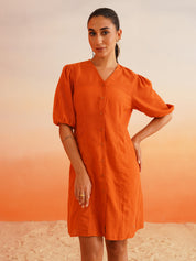 Vibrant Orange Linen Blend A-Line Dress Beatnik