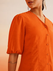 Vibrant Orange Linen Blend A-Line Dress Beatnik