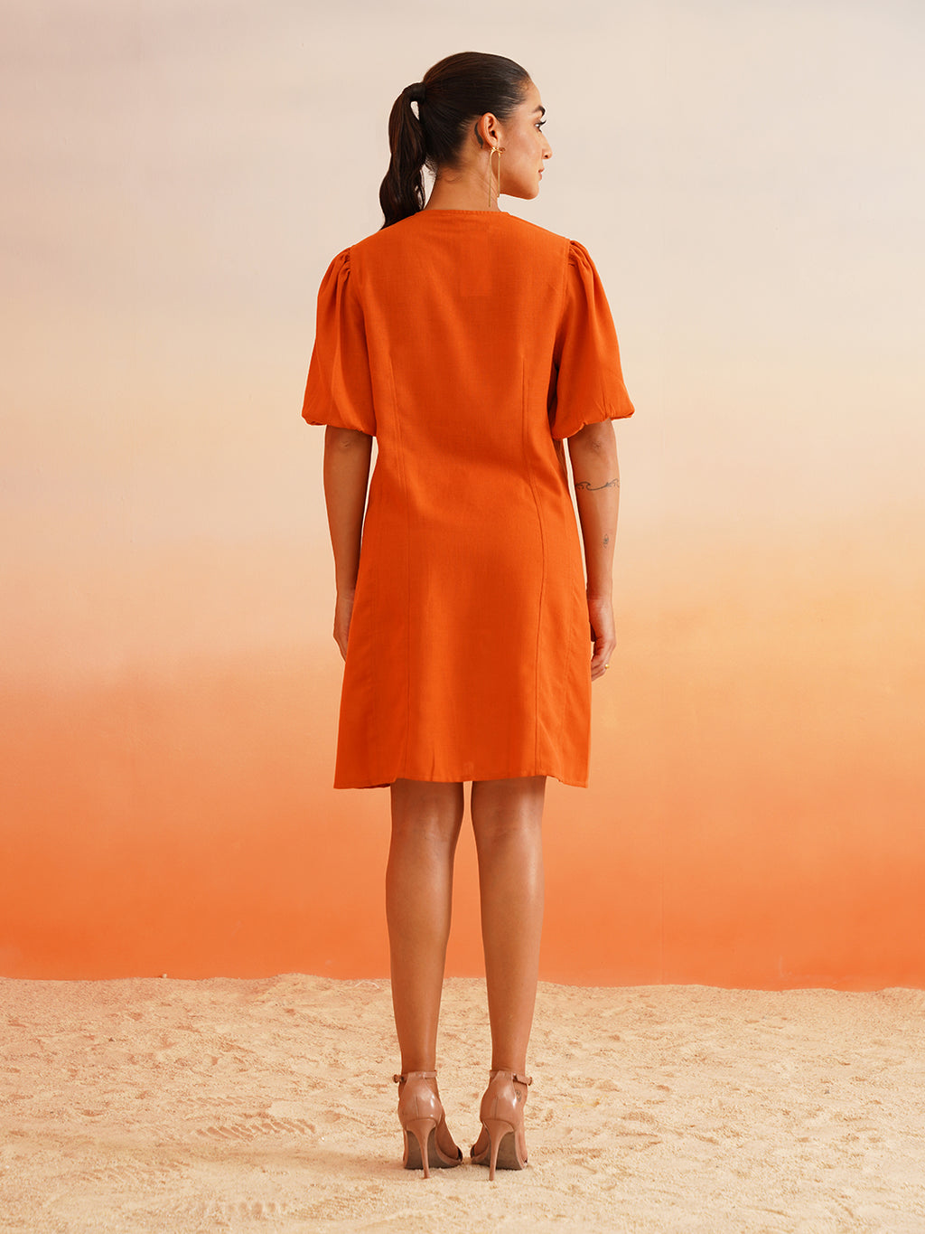 Vibrant Orange Linen Blend A-Line Dress Beatnik