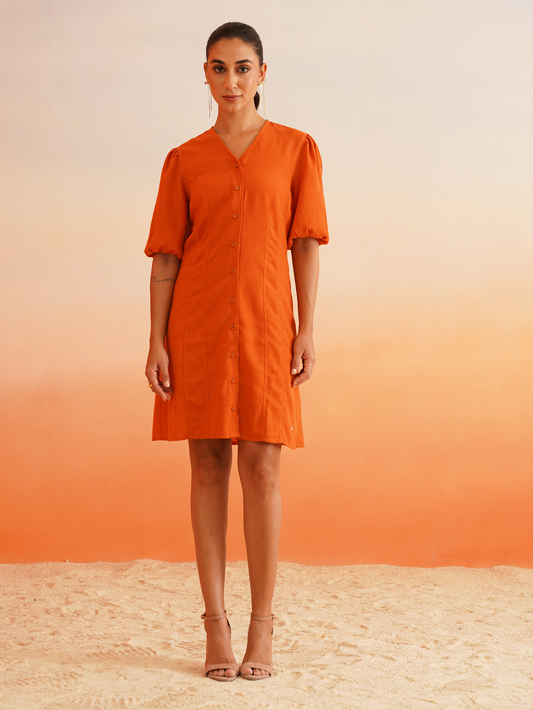 Vibrant Orange Linen Blend A-Line Dress Beatnik