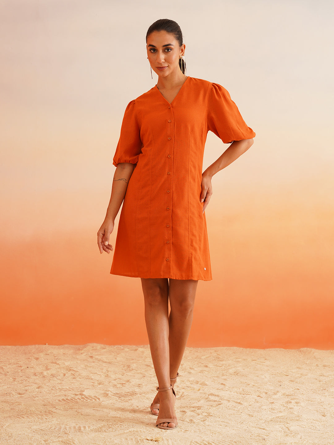 Vibrant Orange Linen Blend A-Line Dress Beatnik