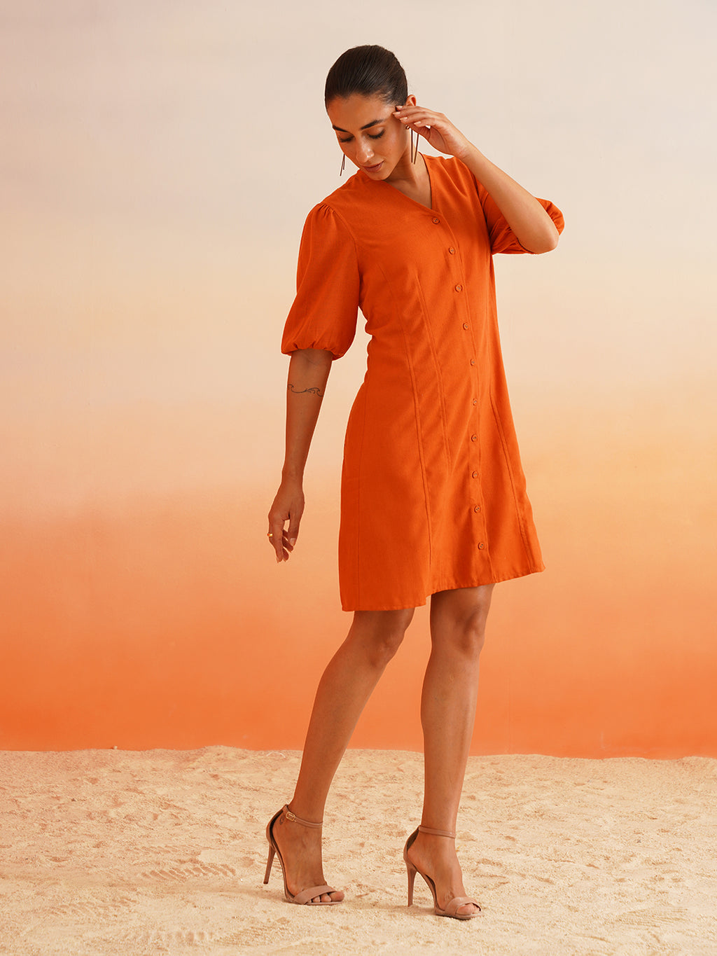 Vibrant Orange Linen Blend A-Line Dress Beatnik