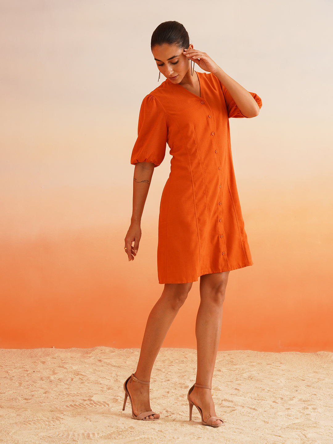 Vibrant Orange Linen Blend A-Line Dress Beatnik
