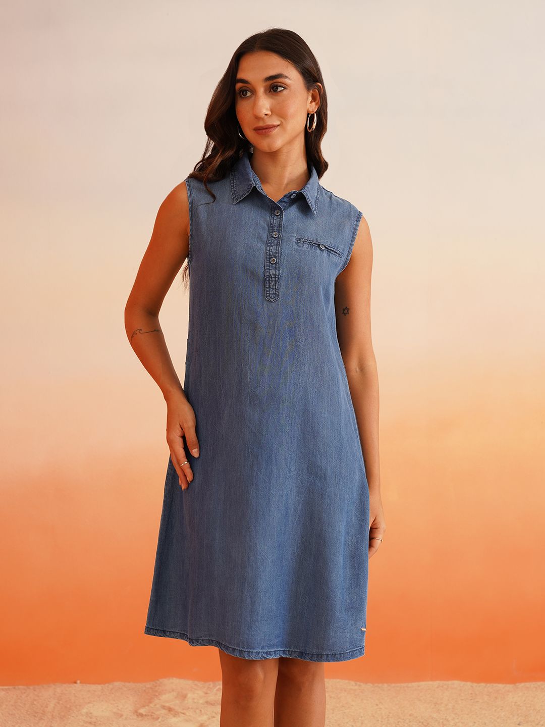 Classic Knee-Length Denim Dress with Shirt Collar Beatnik