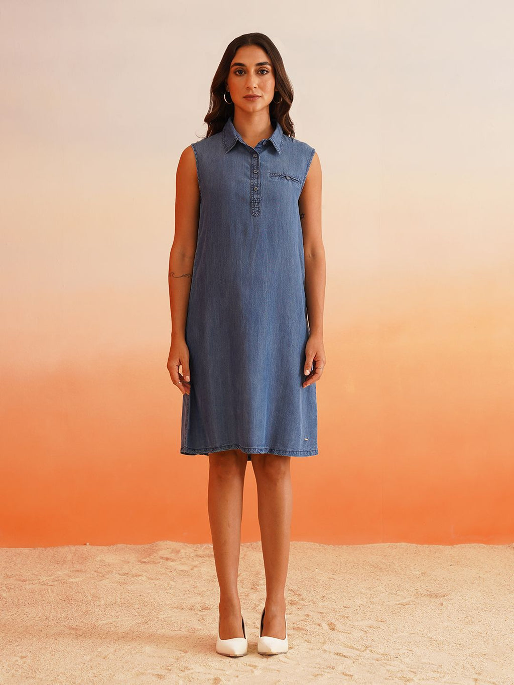 Classic Knee-Length Denim Dress with Shirt Collar Beatnik