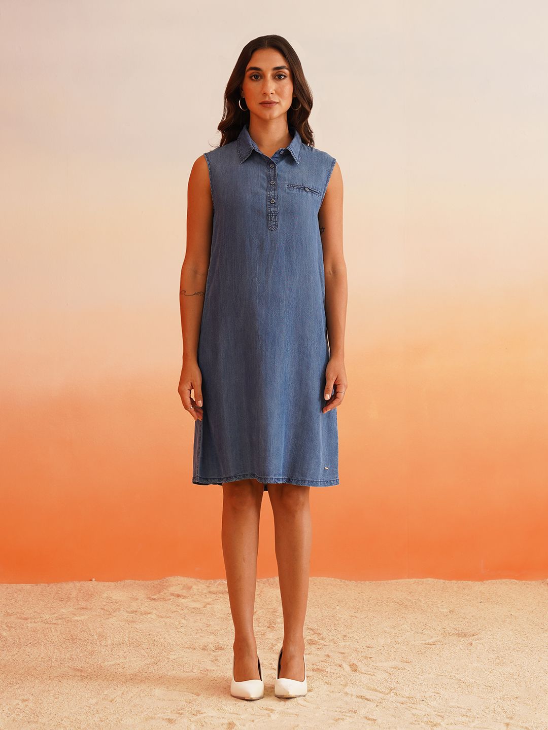 Classic Knee-Length Denim Dress with Shirt Collar Beatnik