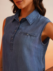 Classic Knee-Length Denim Dress with Shirt Collar Beatnik