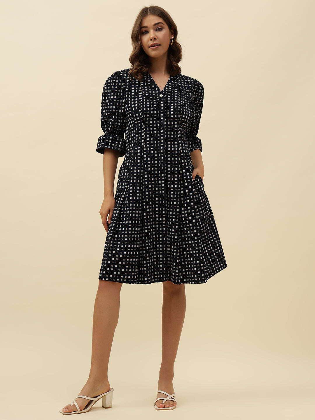 Fit n Flare Poplin Knee Slim Fit Button Navy Blue Dress Beatnik