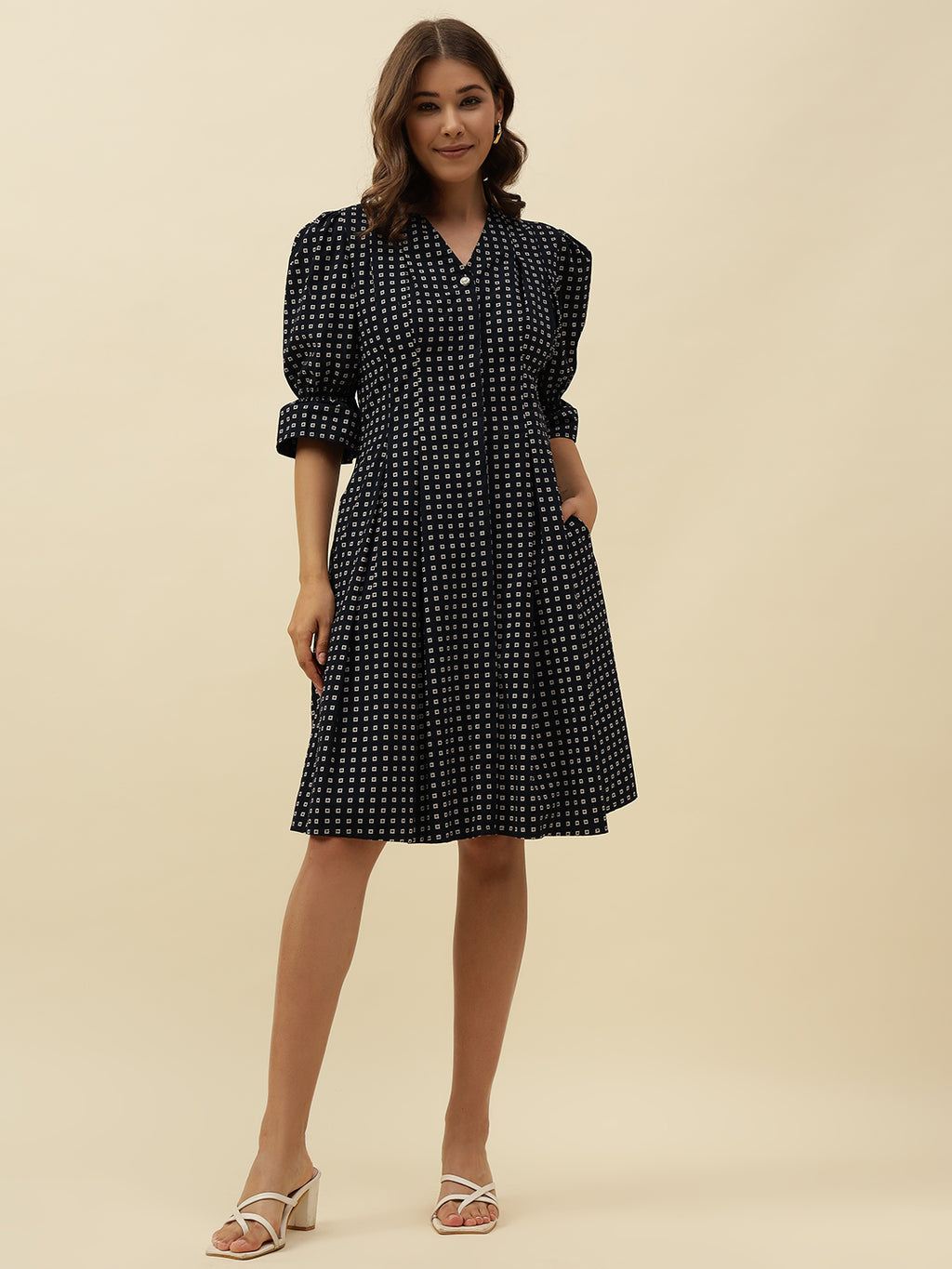 Fit n Flare Poplin Knee Slim Fit Button Navy Blue Dress Beatnik