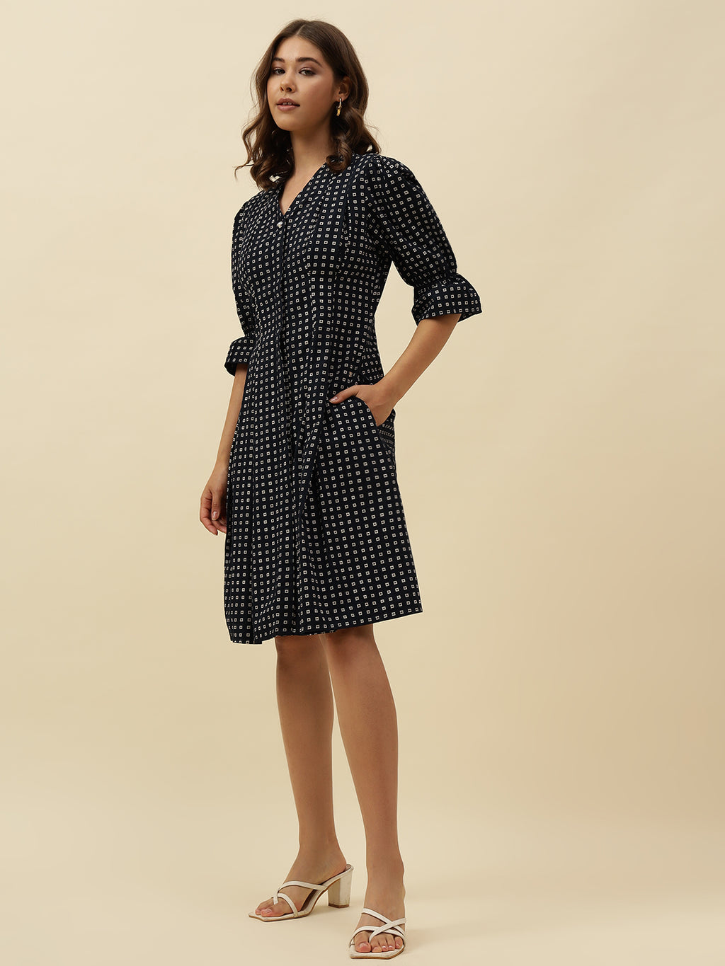 Fit n Flare Poplin Knee Slim Fit Button Navy Blue Dress Beatnik