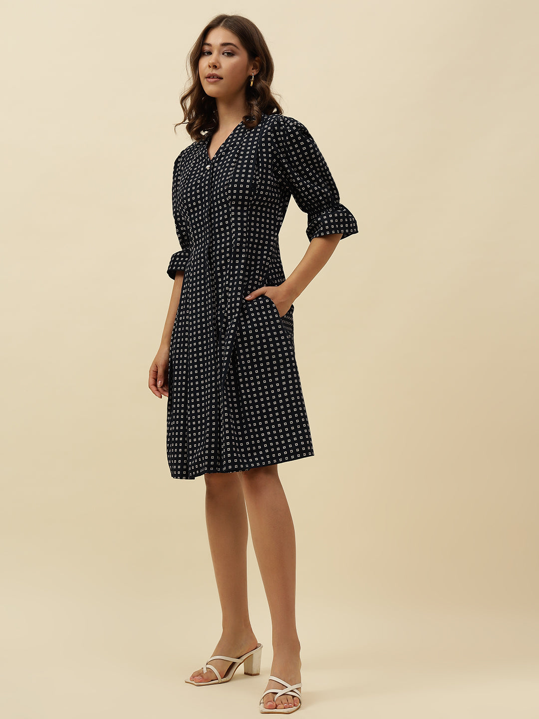 Fit n Flare Poplin Knee Slim Fit Button Navy Blue Dress Beatnik