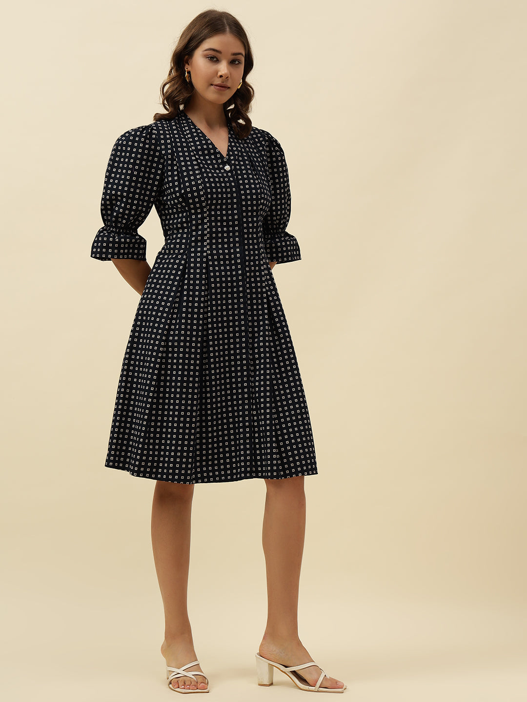 Fit n Flare Poplin Knee Slim Fit Button Navy Blue Dress Beatnik