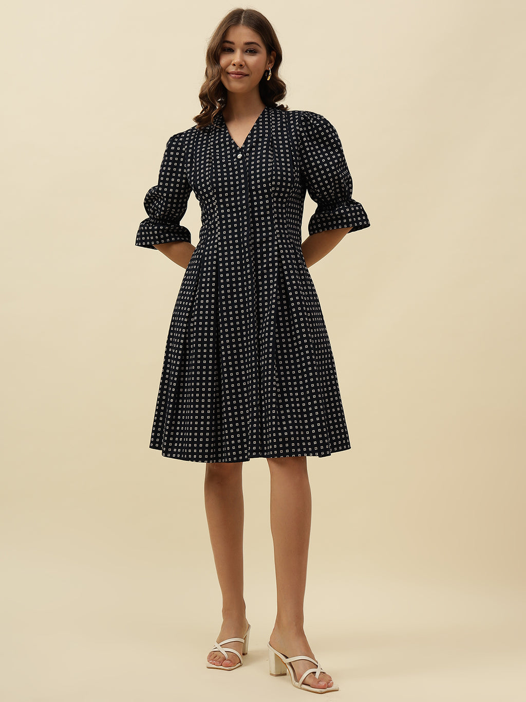 Fit n Flare Poplin Knee Slim Fit Button Navy Blue Dress Beatnik