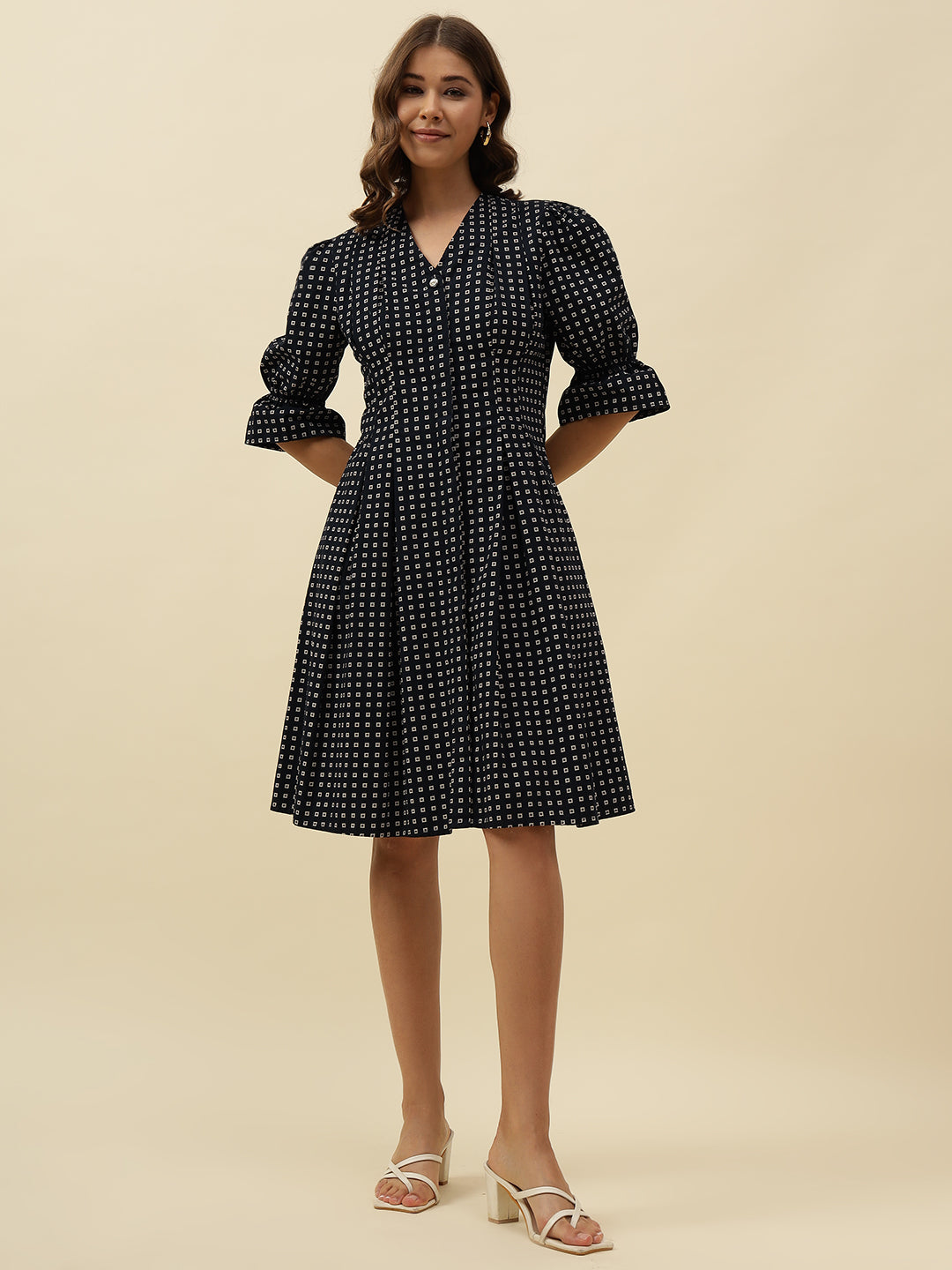 Fit n Flare Poplin Knee Slim Fit Button Navy Blue Dress Beatnik