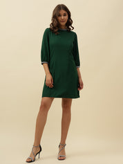 Elegant Blouson Crepe Mini Green Dress with Lace Detail and Puff Sleeves Beatnik