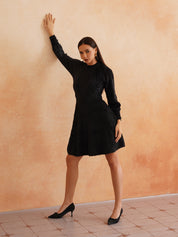 Chic Flat Knit A-Line Black Midi Dress with Fancy Button on Sleeves Beatnik