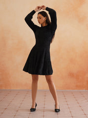 Chic Flat Knit A-Line Black Midi Dress with Fancy Button on Sleeves Beatnik