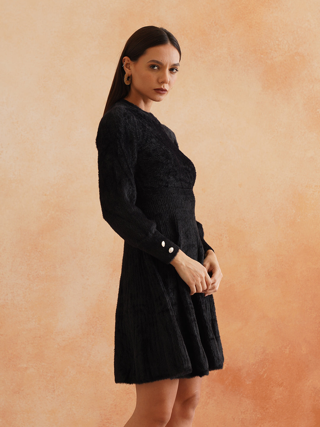 Chic Flat Knit A-Line Black Midi Dress with Fancy Button on Sleeves