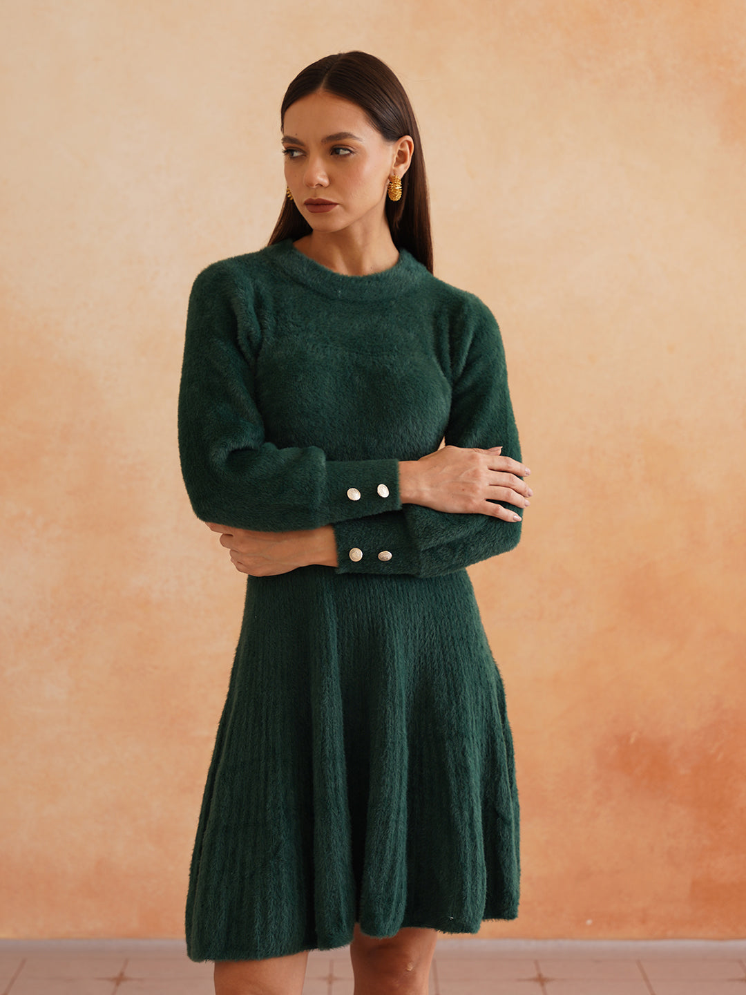 Chic Flat Knit A-Line Dark Green Midi Dress with Fancy Button on Sleeves Beatnik