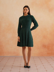 Chic Flat Knit A-Line Dark Green Midi Dress with Fancy Button on Sleeves Beatnik