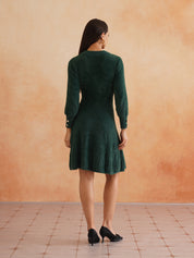 Chic Flat Knit A-Line Dark Green Midi Dress with Fancy Button on Sleeves Beatnik