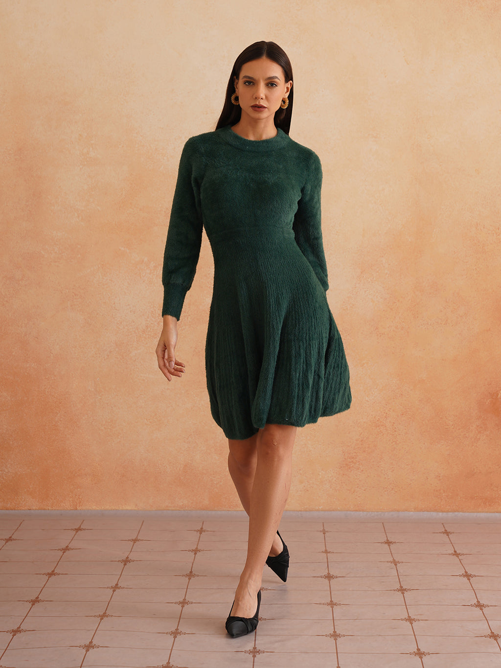 Chic Flat Knit A-Line Dark Green Midi Dress with Fancy Button on Sleeves