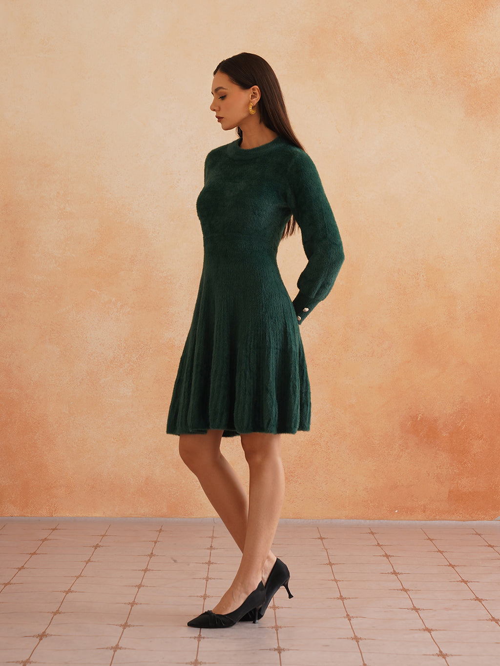 Chic Flat Knit A-Line Dark Green Midi Dress with Fancy Button on Sleeves