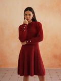 Chic Flat Knit A-Line Wine Midi Dress with Fancy Button on Sleeves Beatnik
