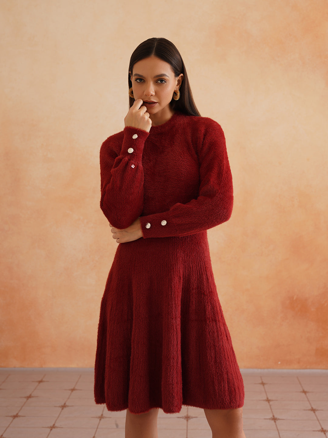 Chic Flat Knit A-Line Wine Midi Dress with Fancy Button on Sleeves Beatnik
