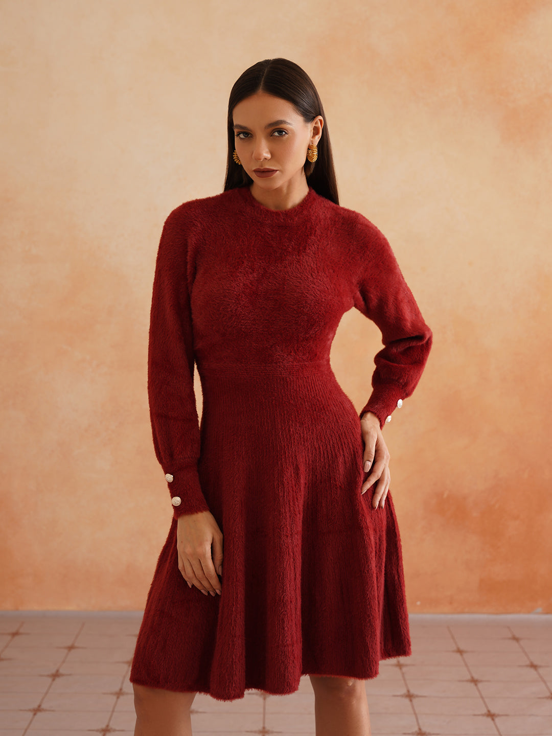 Chic Flat Knit A-Line Wine Midi Dress with Fancy Button on Sleeves Beatnik