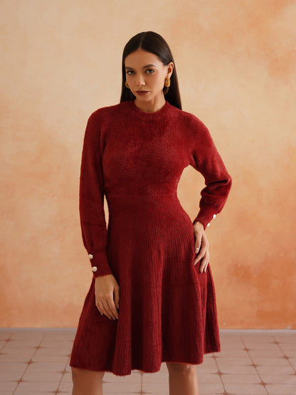 Chic Flat Knit A-Line Wine Midi Dress with Fancy Button on Sleeves Beatnik
