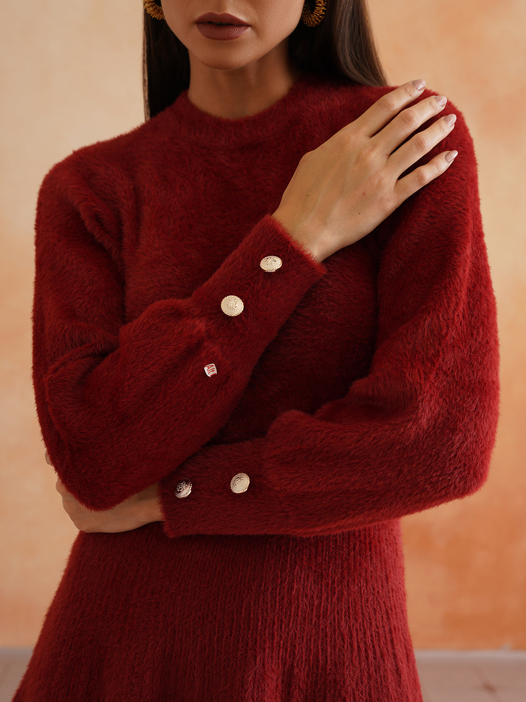 Chic Flat Knit A-Line Wine Midi Dress with Fancy Button on Sleeves