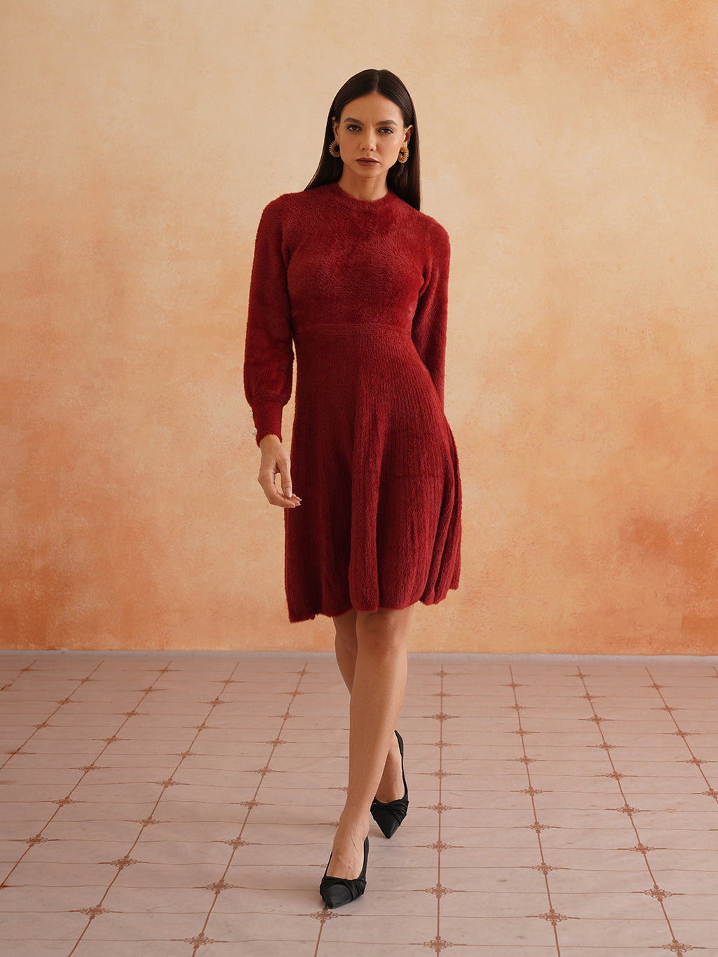 Chic Flat Knit A-Line Wine Midi Dress with Fancy Button on Sleeves