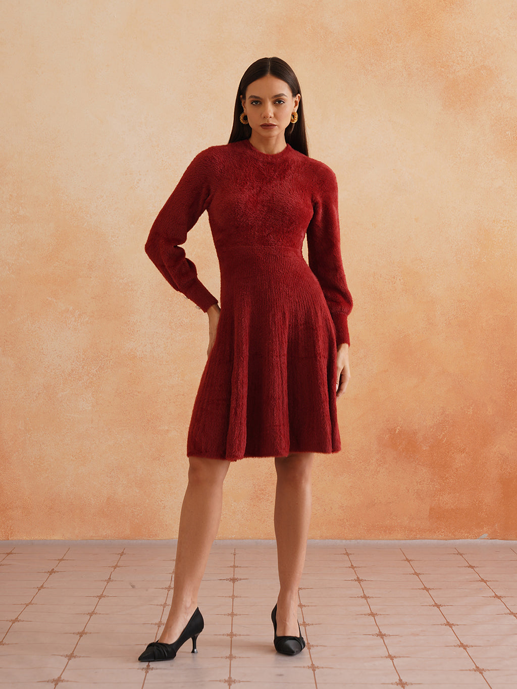 Chic Flat Knit A-Line Wine Midi Dress with Fancy Button on Sleeves