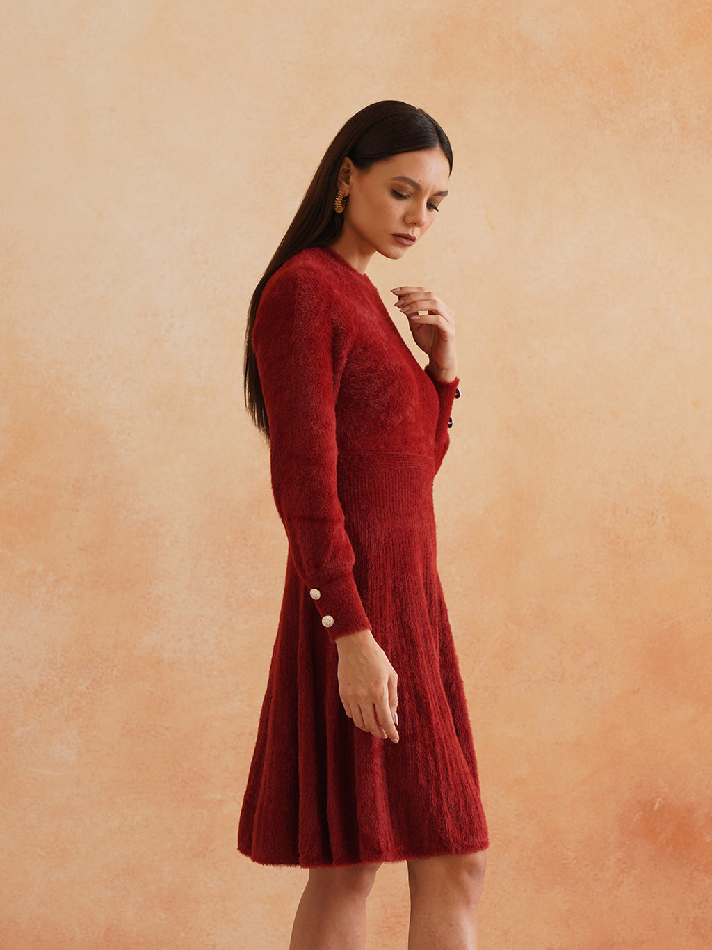 Chic Flat Knit A-Line Wine Midi Dress with Fancy Button on Sleeves