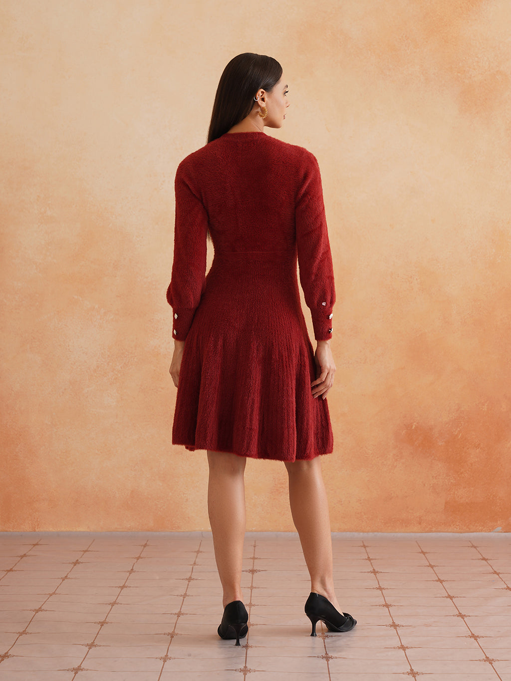 Chic Flat Knit A-Line Wine Midi Dress with Fancy Button on Sleeves